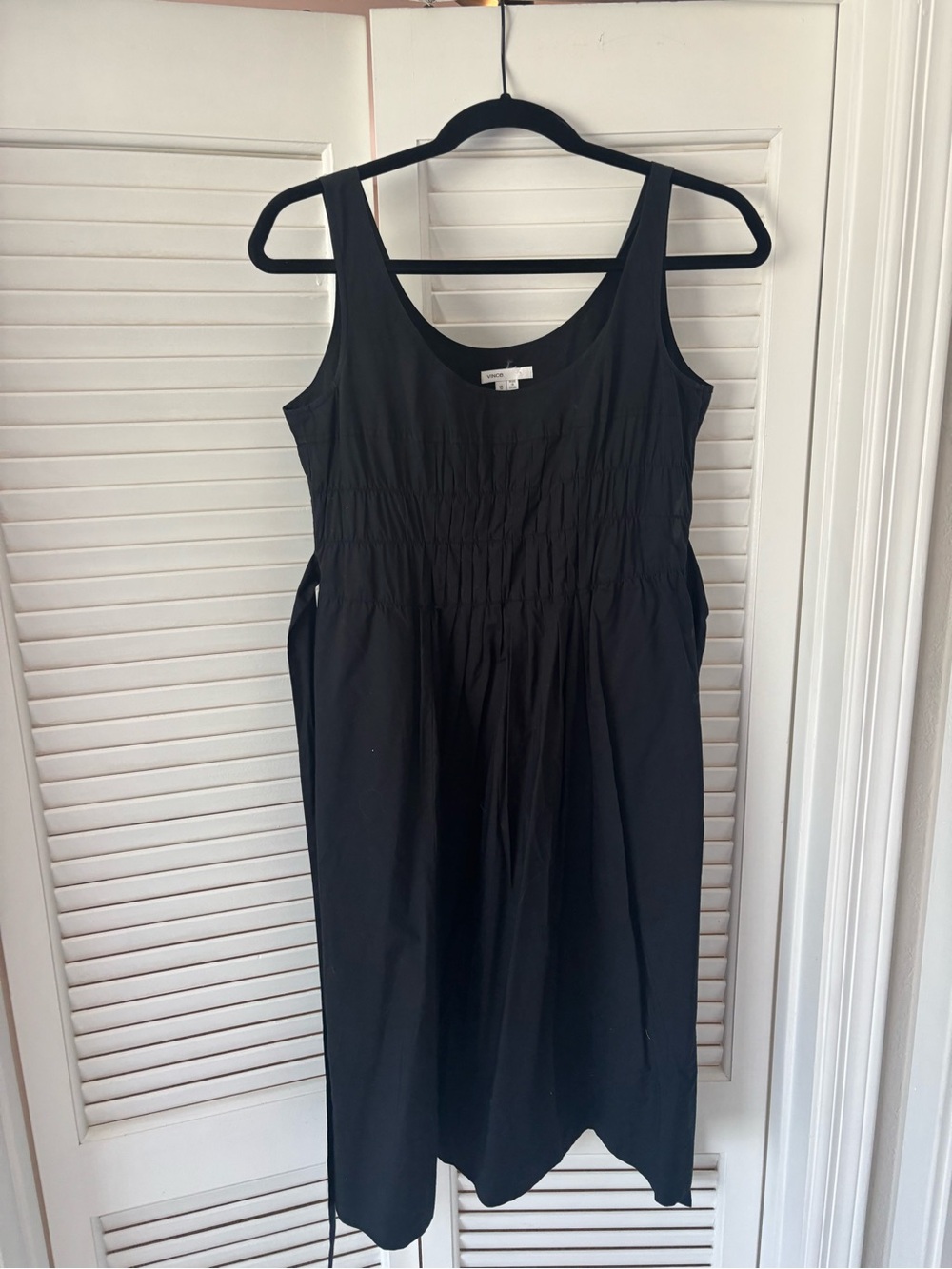 Vince Black Sleeveless Smocked-Waist Midi Dress